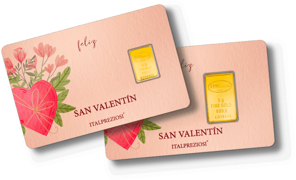 Dos barras doradas aparecen en tarjetas rosas con diseños florales y corazones rojos. En las tarjetas se lee "San Valentín", perfectas para regalar el día de los enamorados.