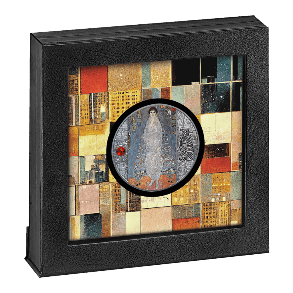 Una teca quadrata nera contiene la moneta "Ritratto della Baronessa Elisabeth Bachofen-Echt - Gustav Klimt 500 Franchi CFA", che mostra una donna in abito bianco. Lo sfondo è caratterizzato da vivaci tessere a mosaico che ricordano edifici cittadini.