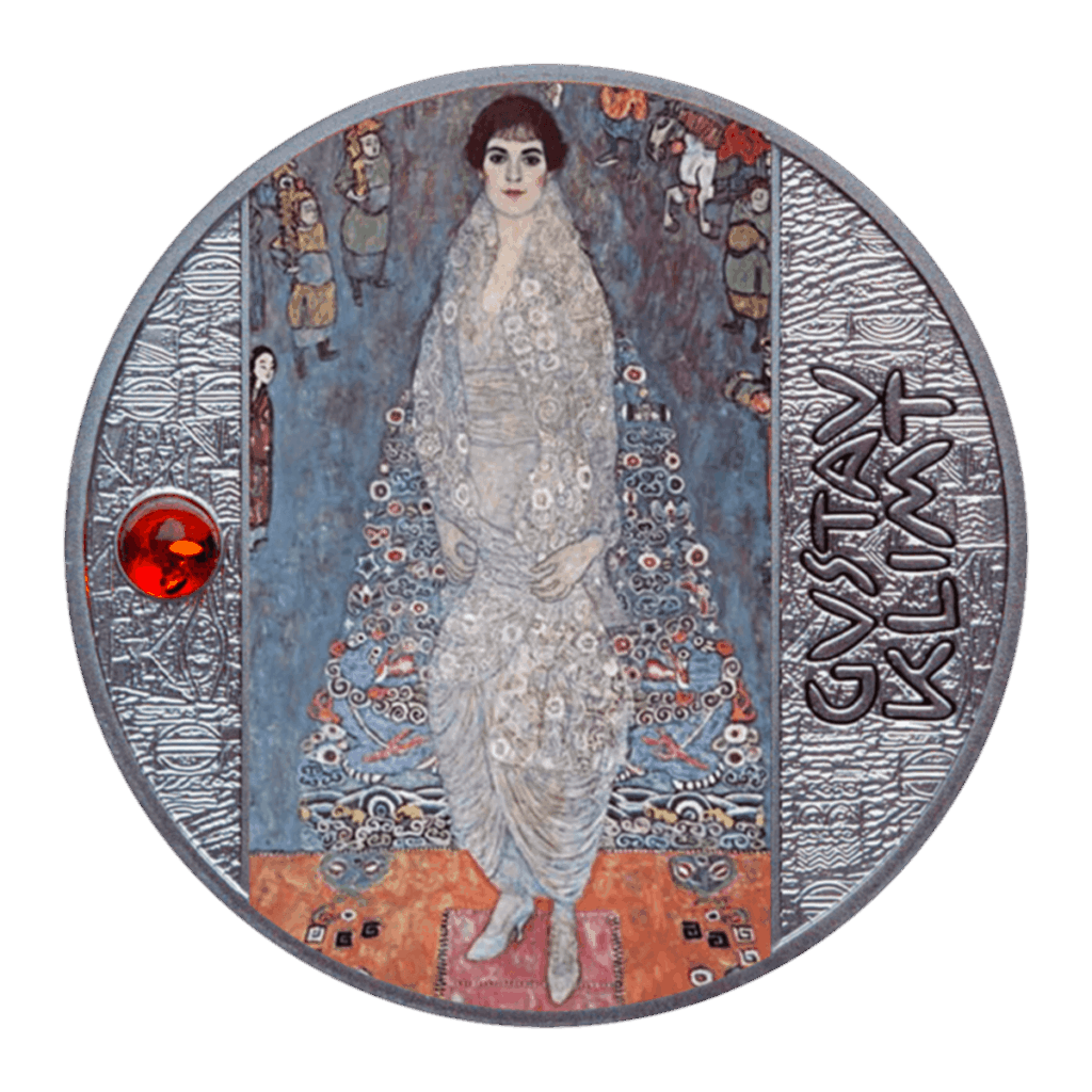 Una moneta rotonda, il "Ritratto della Baronessa Elisabeth Bachofen-Echt - Gustav Klimt 500 Franchi CFA", presenta l'arte di Klimt di una donna in abito chiaro su un tappeto rosso, motivi ornamentali e ha una gemma rossa incastonata sulla sinistra.