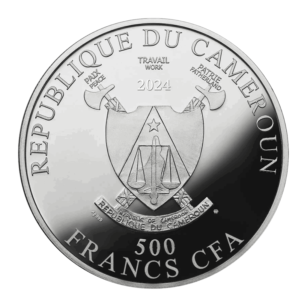 Il Ritratto della Baronessa Elisabeth Bachofen-Echt - Gustav Klimt 500 Franchi CFA in argento del Camerun mostra lo stemma nazionale, 2024, REPUBLIQUE DU CAMEROUN, 500 FRANCS CFA, e i simboli di pace, lavoro e patria.