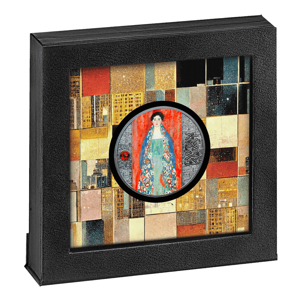 Una cornice nera quadrata mostra il Ritratto della Fräulein Lieser - Gustav Klimt 500 Franchi CFA, con un'elegante donna in abito tradizionale su sfondo rosso, circondata da motivi geometrici in oro, marrone e beige.