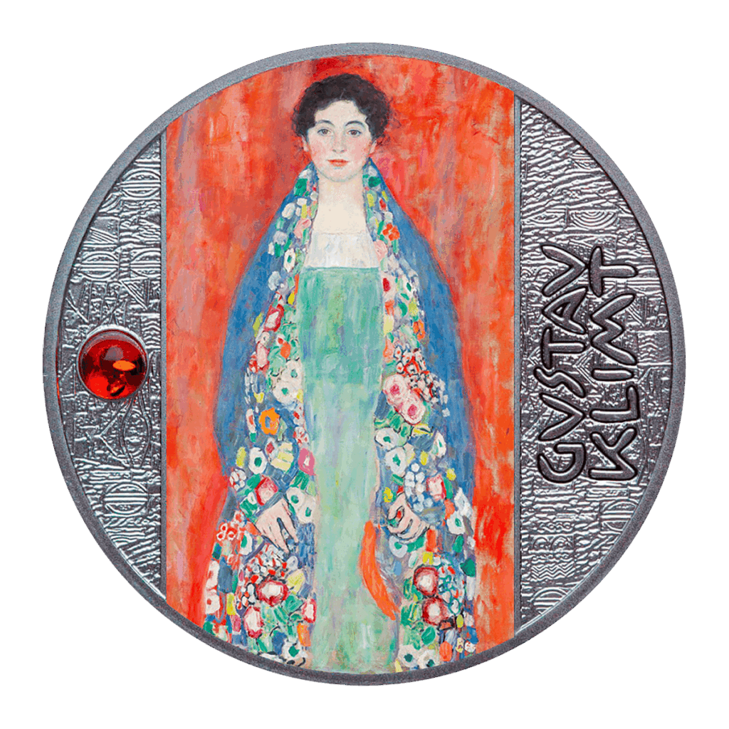 Il Ritratto della Fräulein Lieser - Gustav Klimt da 500 Franchi CFA presenta un ritratto colorato di una donna in abito verde con scialle floreale, una gemma rossa sulla sinistra e GUSTAV KLIMT inciso su argento testurizzato.