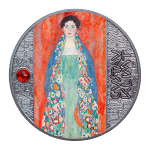 Il Ritratto della Fräulein Lieser - Gustav Klimt da 500 Franchi CFA presenta un ritratto colorato di una donna in abito verde con scialle floreale, una gemma rossa sulla sinistra e GUSTAV KLIMT inciso su argento testurizzato.