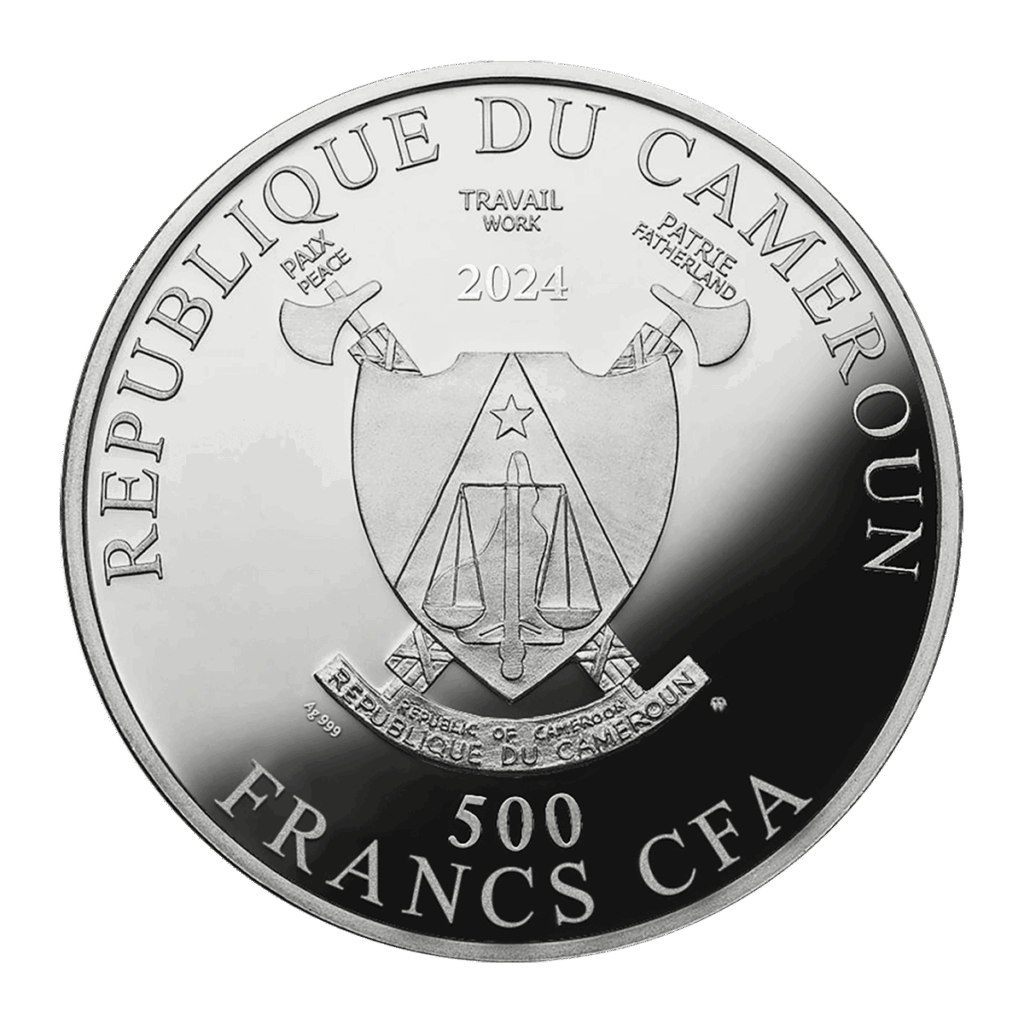 Una moneta d'argento del Camerun del 2024, intitolata "Ritratto della Fräulein Lieser - Gustav Klimt", presenta due asce sopra uno scudo, con l'iscrizione "Republique du Cameroun", "500 Francs CFA" e il motto: "Paix, Travail, Patrie".