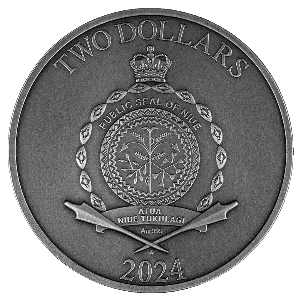 La moneta d'argento Calendario Lunare da 2 Dollari reca in alto la scritta "TWO DOLLARS", in basso la scritta "2024" e al centro l'emblema del SIGILLO PUBBLICO DI NIUE con "ATUA NIUE TUKULAGI" e "Ag 999" sotto le lance incrociate.