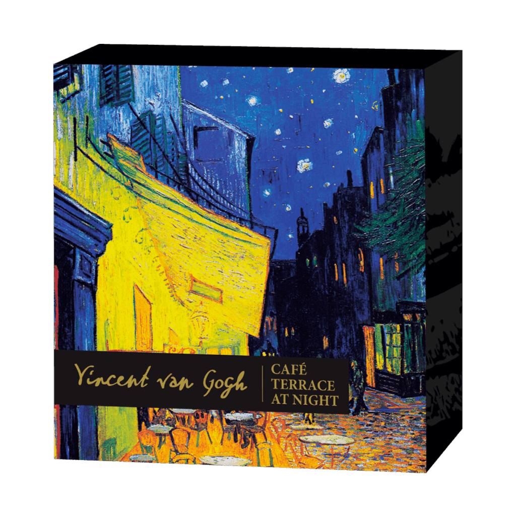 Scatola colorata con il "Caffè Terrazza di Notte" di van Gogh, con un caffè giallo vibrante sotto un cielo stellato; include il nome dell'artista e il titolo del dipinto in oro. Prodotto: Vincent van Gogh - Caffè Terrazza di Notte 2 Dollari.
