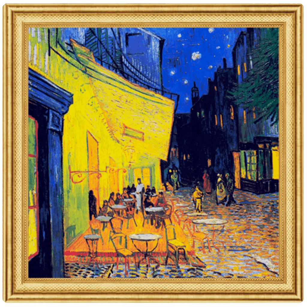 Vincent van Gogh - Caffè Terrazza di Notte 2 Dollari: Quadro incorniciato di un vivace caffè all'aperto di notte, che risplende di luce gialla sotto un cielo stellato, nello stile iconico di Van Gogh.