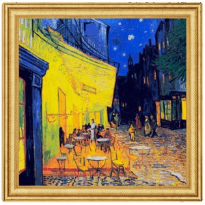 Vincent van Gogh - Caffè Terrazza di Notte 2 Dollari: Quadro incorniciato di un vivace caffè all'aperto di notte, che risplende di luce gialla sotto un cielo stellato, nello stile iconico di Van Gogh.