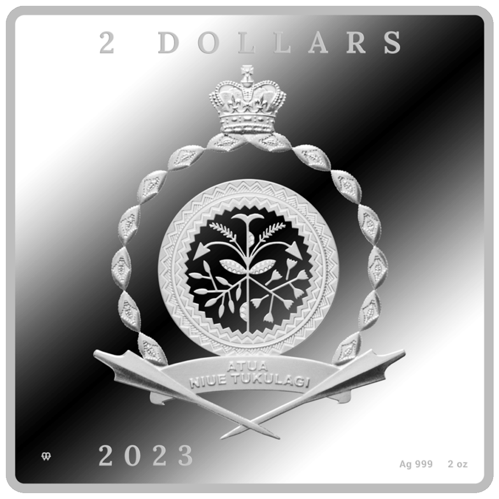La moneta da 2 Dollari Vincent van Gogh - Caffè Terrazza di Notte presenta una corona di fiori, un emblema di foglie centrale e lance incrociate. Si legge "2 DOLLARI", "2023", "ATUA NIUE TUKULAGI" e "Ag 999 2 oz" in basso a destra.
