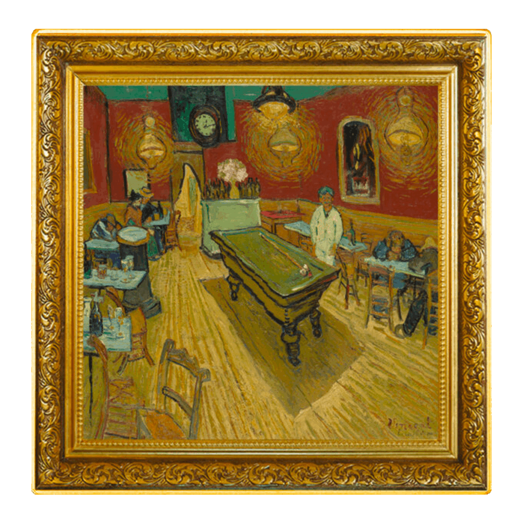 La obra enmarcada "Vincent van Gogh - La Cafetería Nocturna 1 Dólar" muestra una tenue cafetería con una mesa de billar central, clientes sentados a las mesas y una cálida iluminación amarilla contra paredes rojas y verdes, creando un ambiente tranquilo y reflexivo.