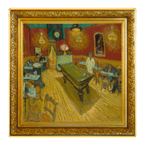 L'opera di Vincent van Gogh "Il Caffè Notturno 1 Dollaro" mostra un vivace interno di un caffè con un tavolo da biliardo, ospiti seduti, un uomo in bianco vicino al tavolo e pareti rosse ornate da dipinti e da un grande orologio.