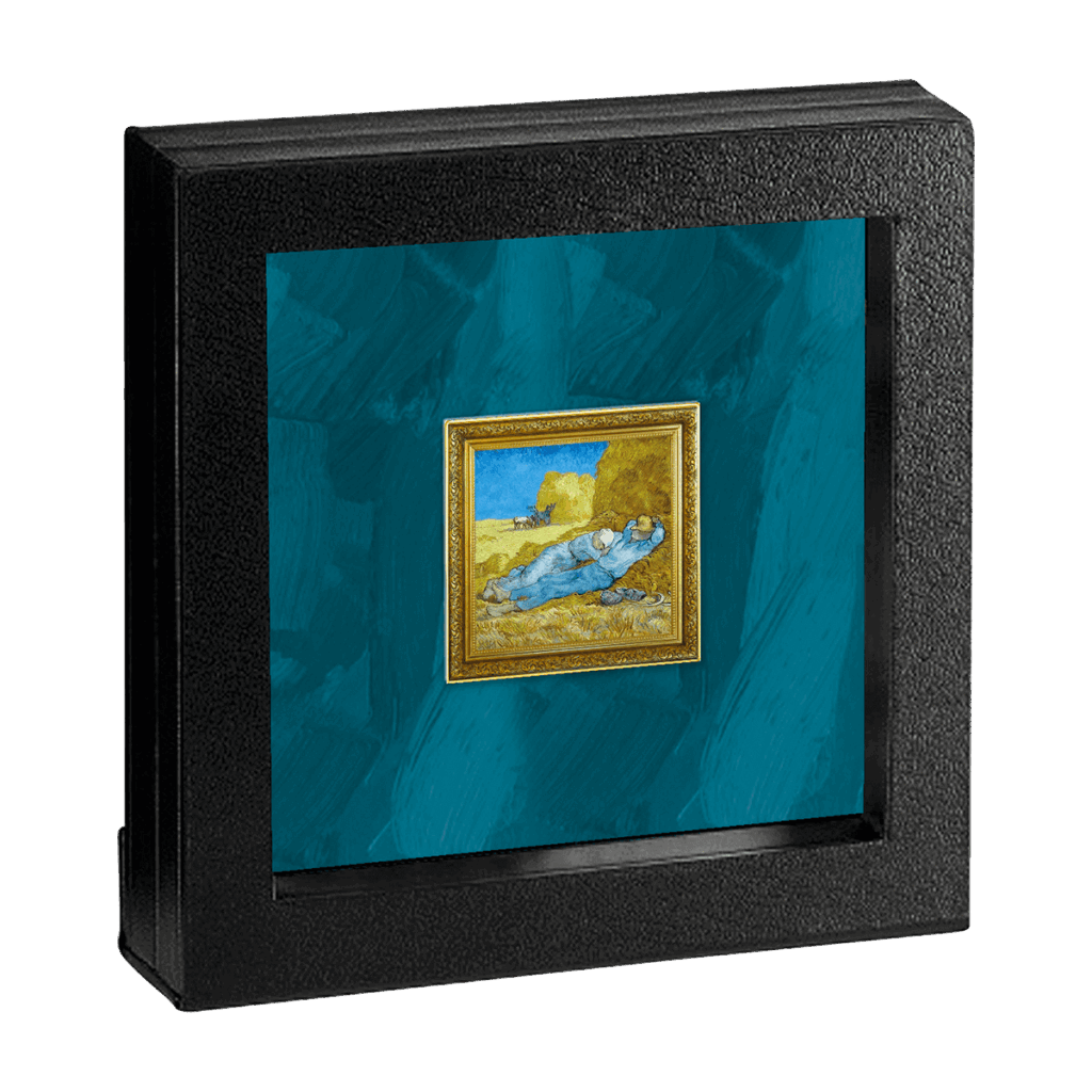 Una vitrina con marco negro exhibe el Vincent van Gogh - Siesta 1 Dólar: un pequeño cuadro con marco dorado que muestra a una persona vestida de azul descansando en el suelo con un fondo abstracto de vivos colores azul y amarillo.