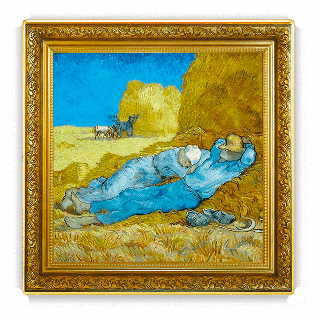 Vincent van Gogh - Siesta 1 Dólar representa a dos campesinos durmiendo la siesta sobre pajares en un campo amarillo bajo un cielo azul, con caballos y un carro al fondo, todo ello enmarcado por una orla dorada.
