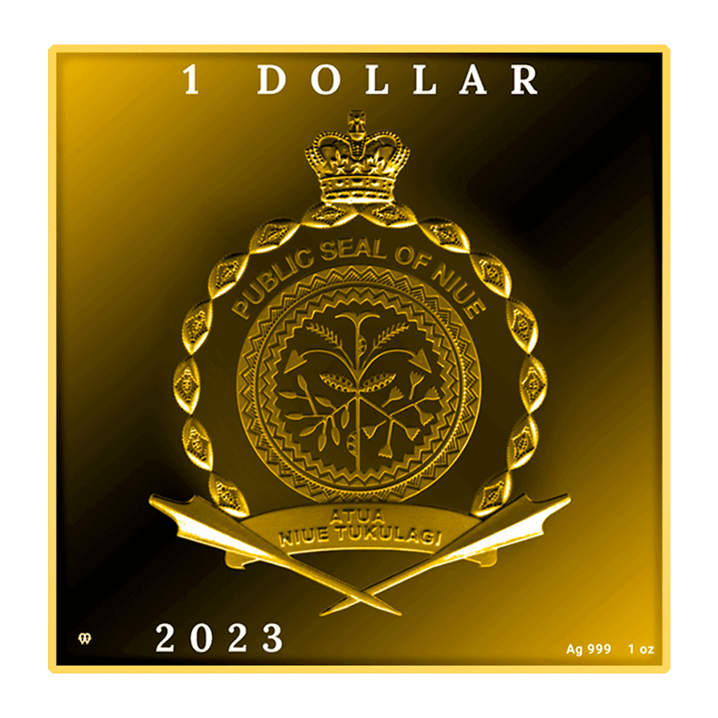 Moneda de oro denominada "Vincent van Gogh - Siesta 1 Dólar", con el Sello Público de Niue con una corona, lanzas cruzadas y texto en el canto: "1 Dólar", "2023" y "Ag 999 1 oz.