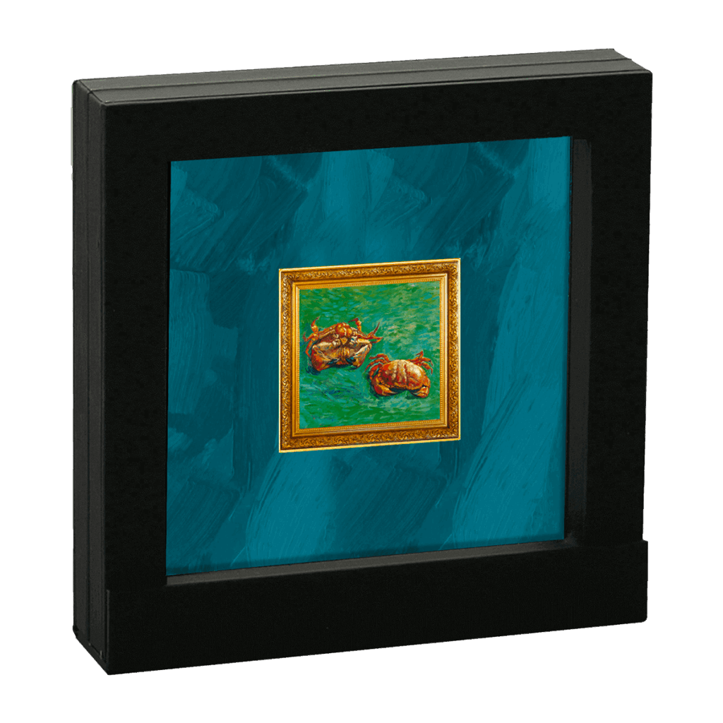 A framed picture of "Vincent van Gogh – Two Crabs 1 Dollar," featuring two crabs on a green background, displayed in a shadow box with a teal textured mat and black outer frame.