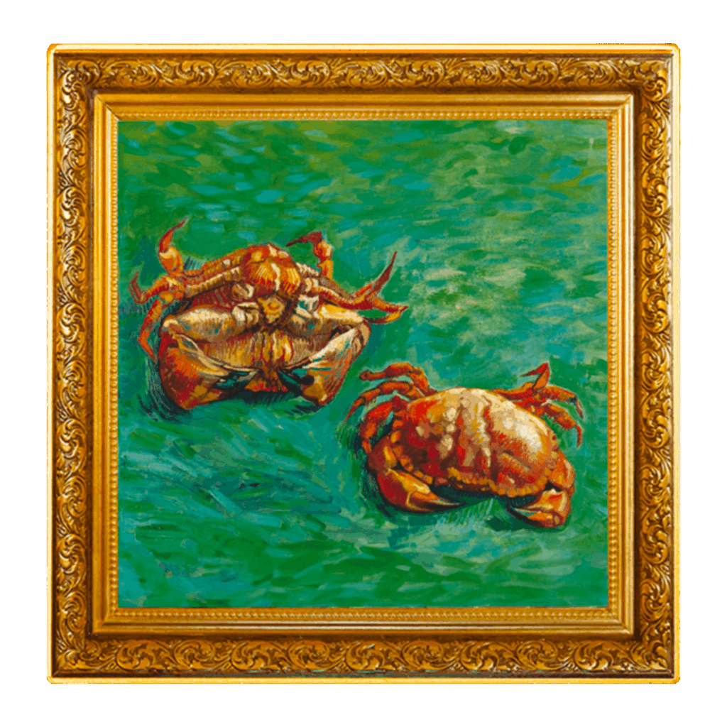 The Vincent van Gogh – Two Crabs 1 Dollar features two crabs in red, orange, and brown on a green-blue background, all framed by an ornate gold border for a vivid artistic display.
