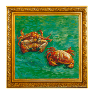 Un dipinto incorniciato dal titolo "Vincent van Gogh - Due Granchi 1 Dollaro" mostra due granchi su una superficie verde con pennellate vibranti e strutturate, all'interno di una cornice dorata.