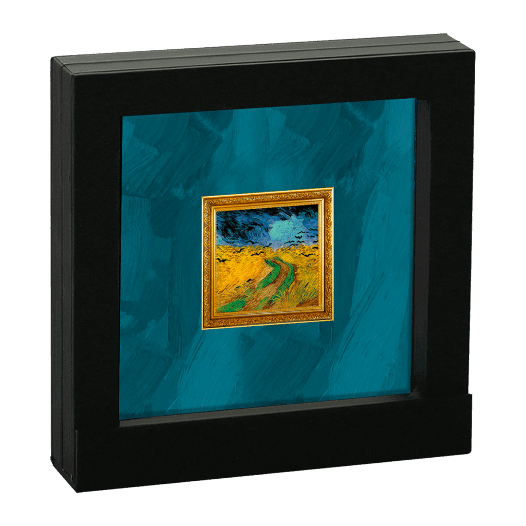 A Vincent van Gogh – Wheatfield with Crows 1 Dollar, featuring a winding path through golden wheat fields beneath a blue sky, displayed in a black box frame against a textured teal background.