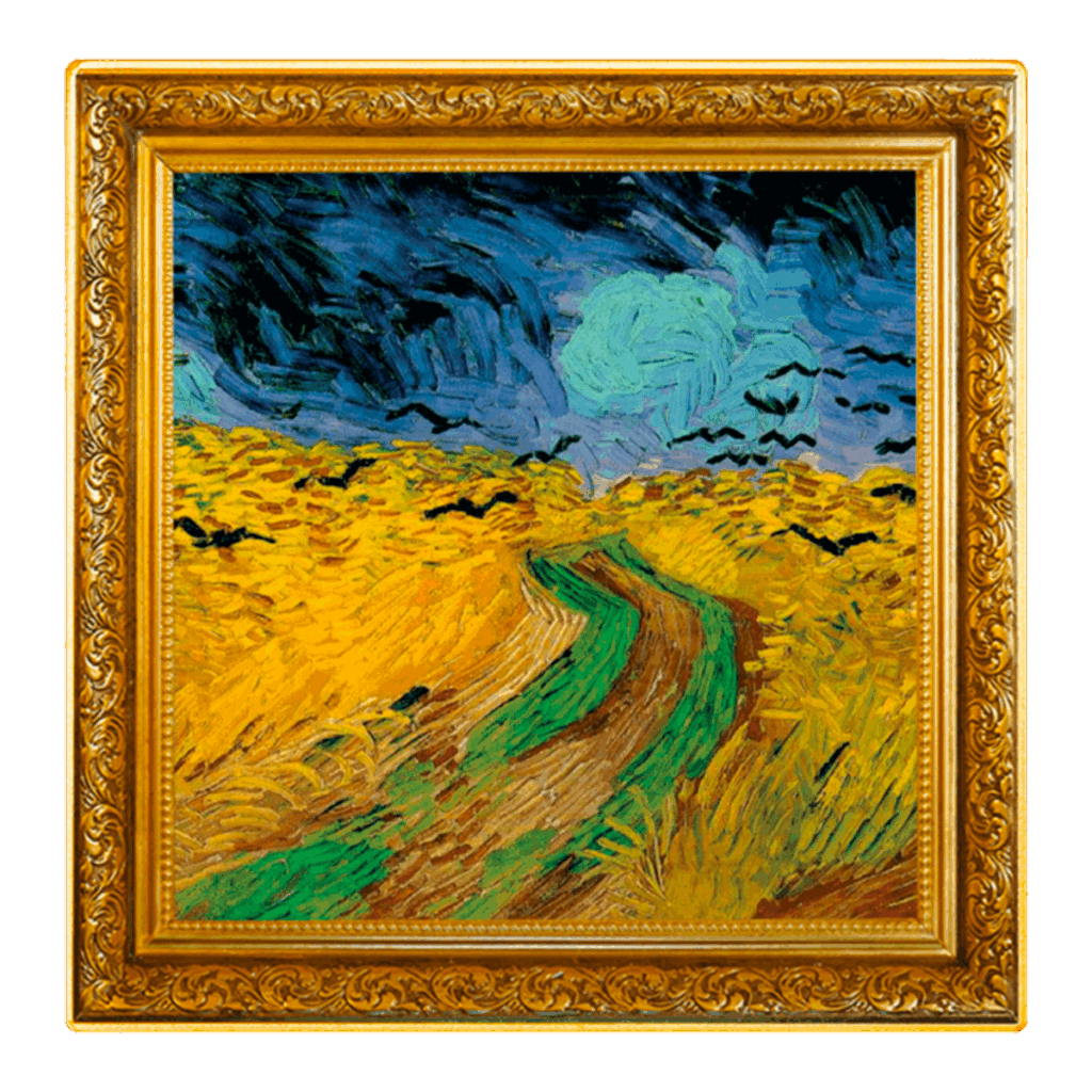 Vincent van Gogh – Wheatfield with Crows 1 Dollar features a vivid scene of a winding path in a yellow wheat field under a swirling blue sky, black crows overhead, all presented in an ornate golden frame with textured brushstrokes.