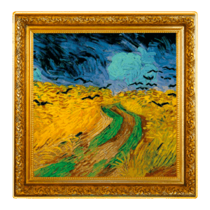 Il "Campo di Grano con Corvi 1 Dollaro" di Vincent van Gogh presenta un sentiero verde vibrante che si snoda attraverso un campo di grano dorato sotto un cielo blu scuro vorticoso con corvi neri, il tutto esposto in una cornice dorata.