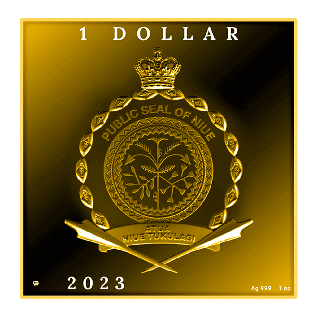 A gold square Vincent van Gogh – Wheatfield with Crows 1 Dollar coin shows Niue's Public Seal with a crown, wreath, and shield featuring a tree. It is inscribed with 1 Dollar, 2023, and Ag 999 1 oz.