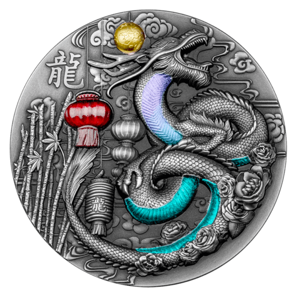 The Year of the Dragon 2024 CFA Francs coin features a detailed dragon with turquoise accents, a red lantern, bamboo, roses, clouds, a gold sun, and the Chinese character for dragon on the left side.