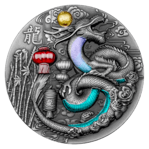 The Year of the Dragon 2024 CFA Francs coin features a detailed dragon with turquoise accents, a red lantern, bamboo, roses, clouds, a gold sun, and the Chinese character for dragon on the left side.