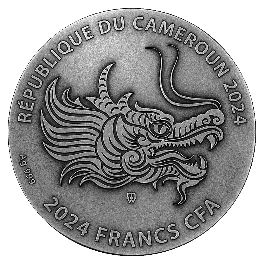 The Year of the Dragon 2024 CFA Francs silver coin features an engraved dragon head and embossed edges with "RÉPUBLIQUE DU CAMEROUN 2024," "2024 FRANCS CFA," and "Ag 9999.
